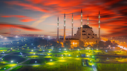 Wall Mural - Sabanci Central Mosque (Turkish: Sabanci Merkez Cami) and Seyhan River in Adana, Turkey. Turkey's largest mosque with blue sky.