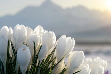 Wall Mural - spring crocus flowers a bunch of white flowers with the background of mountains in the background.