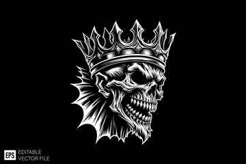 Dark art scary skull head wearing crown illustration graphic design ideas