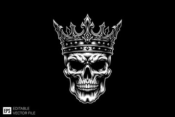 Dark art scary skull head wearing crown illustration graphic design ideas