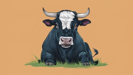 Canvas Print - A black and white cow with horns sitting in the grass, AI