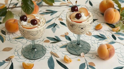 Sticker -   Two cherry-filled glasses of ice cream on a floral table with cherries on the tabletop