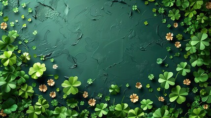 Wall Mural - happy st patrick s day concept vertical green background,paper cut clover leaves,confetti.photo