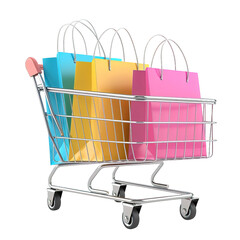 A shopping trolley with paper bag, isolated on white or transparent background cutout.