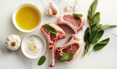 Sticker - Meat ingredients on a marble countertop, veal chops, top view