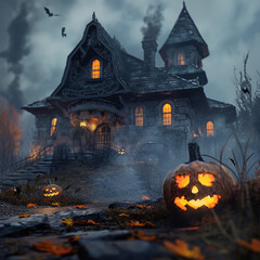 Wall Mural -  Halloween landscape. Haunted house, jack-o-lantern, spooky mood. Childrens book or halloween event poster