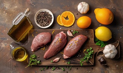 Wall Mural - Meat ingredients on a wooden countertop, duck breasts