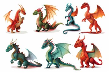 Naklejka na meble Dragons icon set, dino symbols, 3d realistic dinosaurs isolated, monster animals