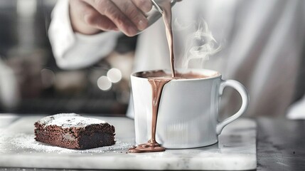   A person stirs hot chocolate into a mug of coffee while a slice of cake rests on the plate beside them