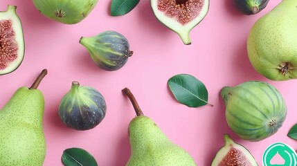 Sticker -   A cluster of green pears and figs surrounded by foliage against a pink backdrop with a green label centrally positioned