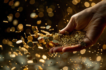 Wall Mural - a person is holding a pile of gold coins