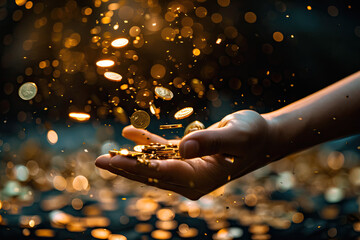 Wall Mural - a person is holding a pile of gold coins