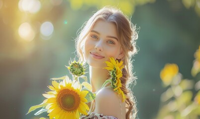 Wall Mural - Portrait of a young woman with a sunflower bouquet