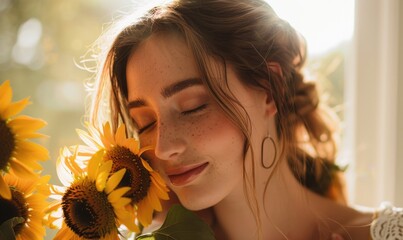 Wall Mural - Portrait of a young woman with a sunflower bouquet