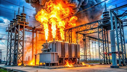 Transformer explosion in a power plant with a high-voltage insulator on fire , Transformer, explosion, power plant