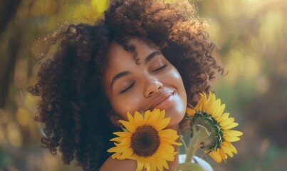 Wall Mural - Portrait of a young woman with a sunflower bouquet