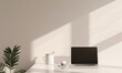 © TheoTheWizard - Modern home office design, tablet on minimalist desk, neutral background