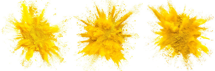 Wall Mural - Set of Bright yellow Holi powder spreading outwards in an explosive pattern isolated on a transparent background