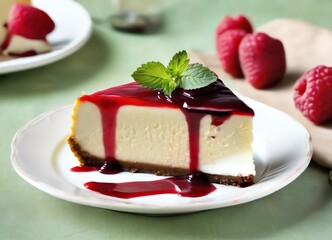 Wall Mural - An image of a slice of raspberries cheesecake on a ceramic plate