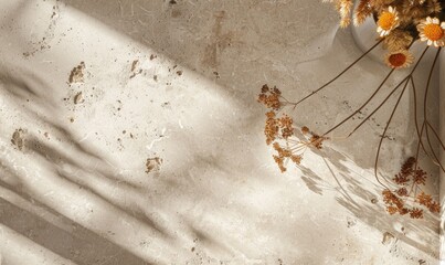 Wall Mural - Top view of a beige stone countertop with autumn herbarium