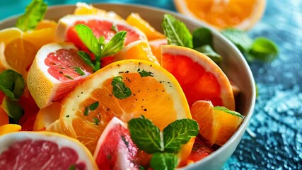 Wall Mural - Bowl of assorted citrus fruit slices with mint leaves on blue surface