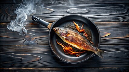 Burned black piece of fish in a smoking frying pan , cooking, failure, burnt, black, fish, meal, disaster