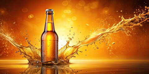 Canvas Print - Beer bottle with fresh splash against a vibrant gold and orange background , beer, bottle, splash, fresh, gold