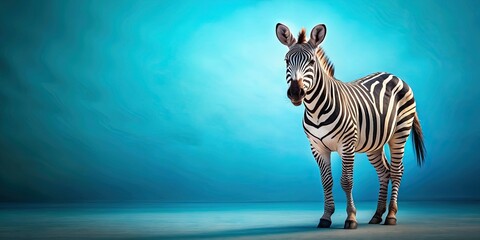 Wall Mural - Cute zebra standing on a vibrant blue background, zebra, cute, adorable, stripes, wildlife, animal, mammal, blue background