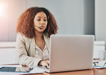 Wall Mural - Laptop, headset and woman receptionist in office for calls and email with client feedback. Contact us, talk and female secretary working on computer for company online communication with business crm