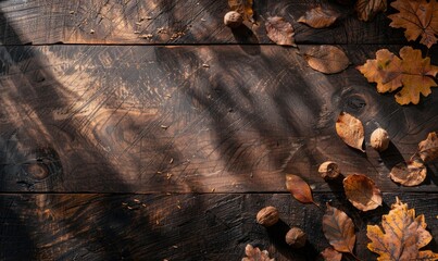 Top view of a rustic dark wood countertop, frame of autumn leaves and nuts