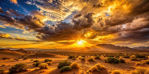 Canvas Print - Dramatic sunset over desert landscape with warm, golden light, sunset, desert, landscape, warm, golden, light, dramatic, sky