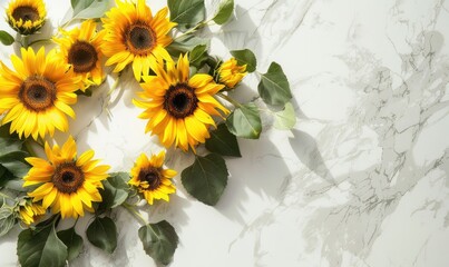 Top view of a white marble countertop, wreath of sunflowers