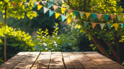 Rustic wooden table in a lush green garden setting with colorful party flags