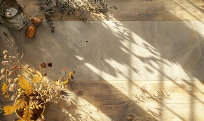 Canvas Print - Top view of a wooden countertop, frame of autumn leaves and nuts