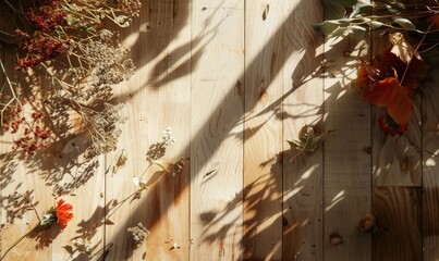 Canvas Print - Top view of a wooden countertop, frame of autumn leaves and nuts