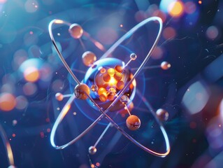 Wall Mural - abstract 3d illustration of an atom with glowing orbits and metallic spheres representing electrons