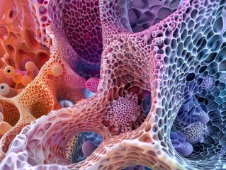 Wall Mural - abstract 3d render of interconnected cellular structures with vivid pink, orange, blue and purple co