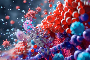 Wall Mural - abstract 3d rendering of colorful virus cells interacting in a biological environment