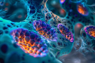 Wall Mural - abstract blue and orange cellular structure with iridescent details
