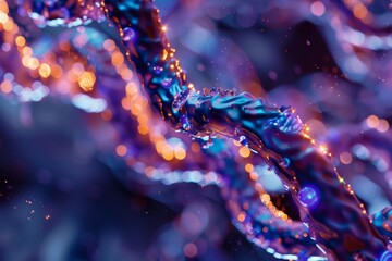 Wall Mural - abstract closeup of metallic blue liquid flowing with orange bokeh and glittering particles