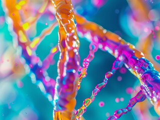 Poster - Abstract Colorful DNA Structure -  Close-Up  with Vivid Colors and a  Blue Background