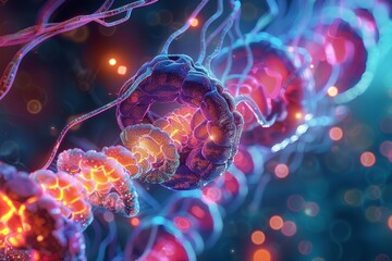 Wall Mural - abstract dna strand with glowing neon lights and bokeh background