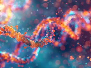 Wall Mural - abstract dna strand with glowing particles and bokeh background