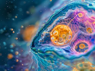 Wall Mural - abstract macro close up of a cell nucleus with bright orange and blue colors and small bubbles in th