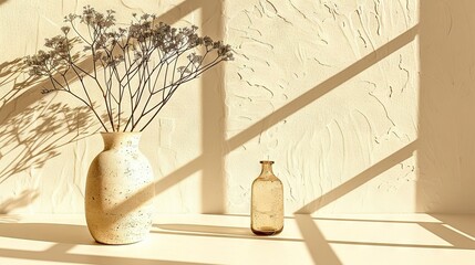 Sticker -   A pair of vases sits atop a table beside a vase containing a plant