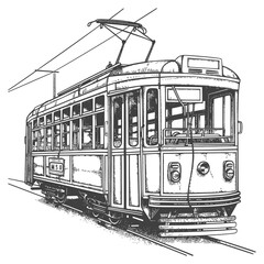 Vintage tram detailed line drawing illustration