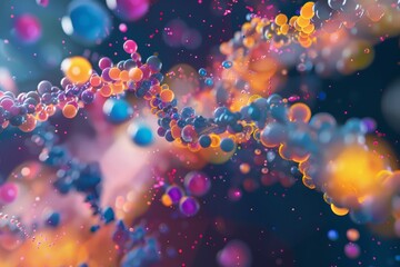 Wall Mural - abstract spiral of colorful spheres with scattered particles in a deep blue background