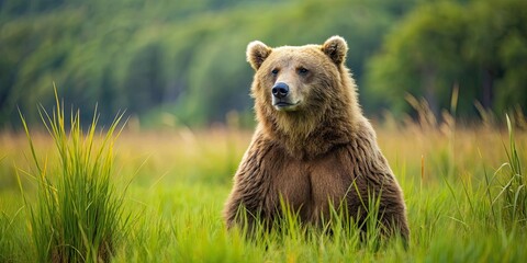 Poster - Brown bear sitting in tall grass , wildlife, nature, predator, mammal, animal, outdoor, wilderness, fur, brown, grassland, habitat