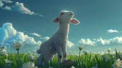 Wall Mural -   Sheep on green grass with daisies, blue sky with clouds