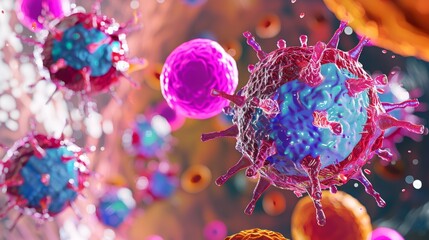 Poster - Colorful 3D Rendering of a Virus Particle with Spikes Surrounded by Other Cells